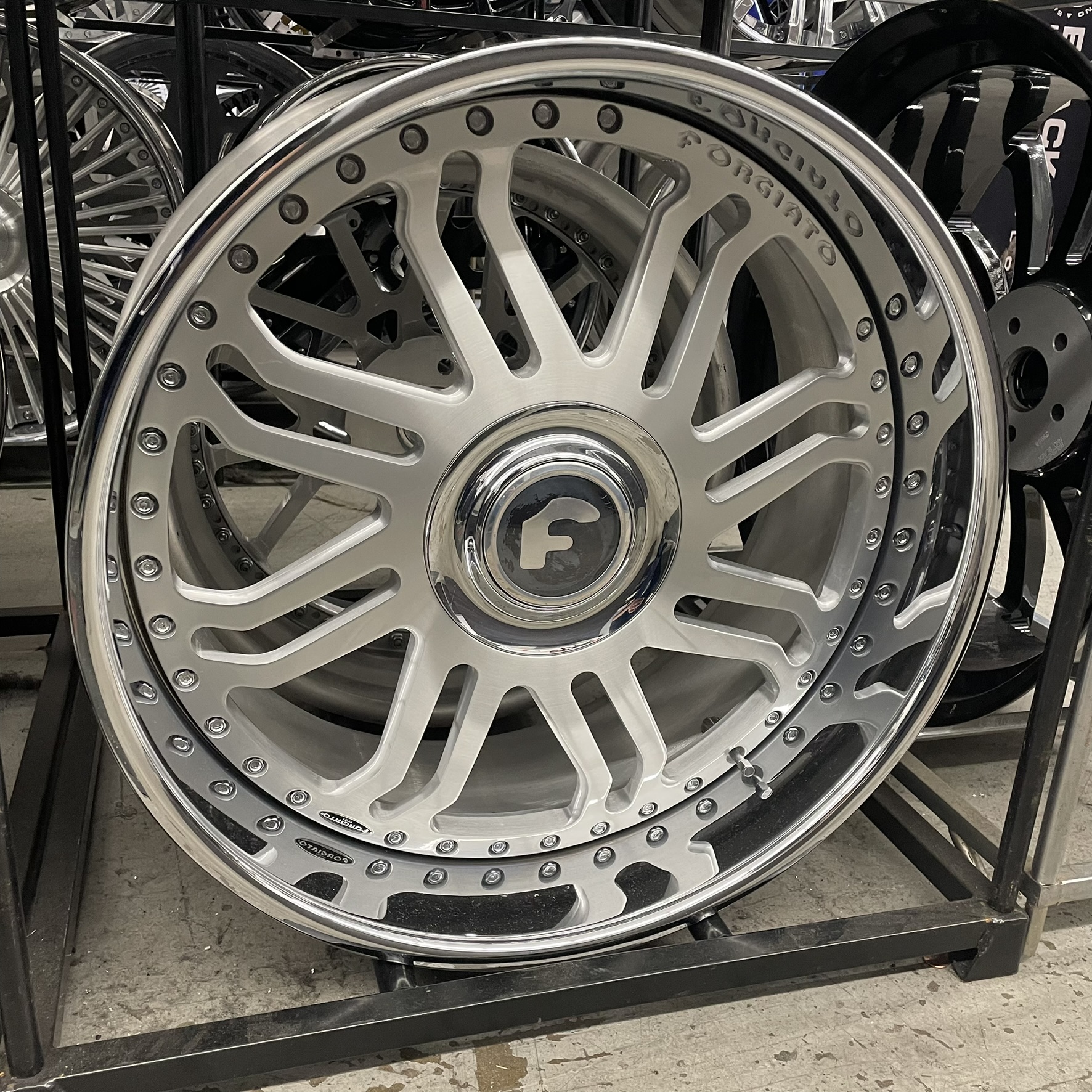 22x9/10 Forgiato Wheels Torcere XL Floater Cap Brushed Silver Chrome Lip G body - Old School fitment 5x120/5x4.75/5x5/5x127 - 4 Wheels and Tires Package