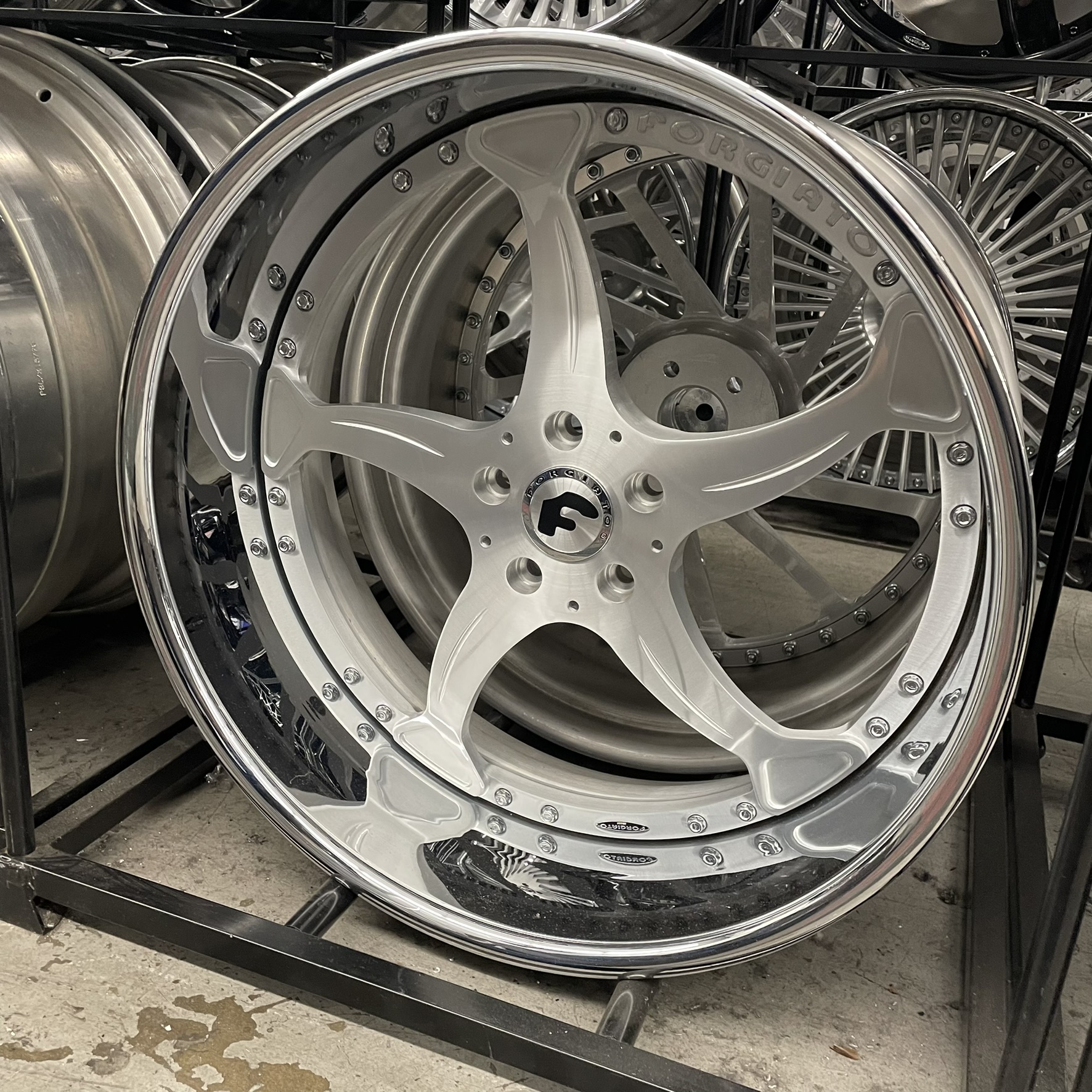 22x9/10 Forgiato Wheels Curva Brushed Silver Chrome Lip G body - Old School fitment 5x120/5x4.75/5x5/5x127 - 4 Wheels and Tires Package