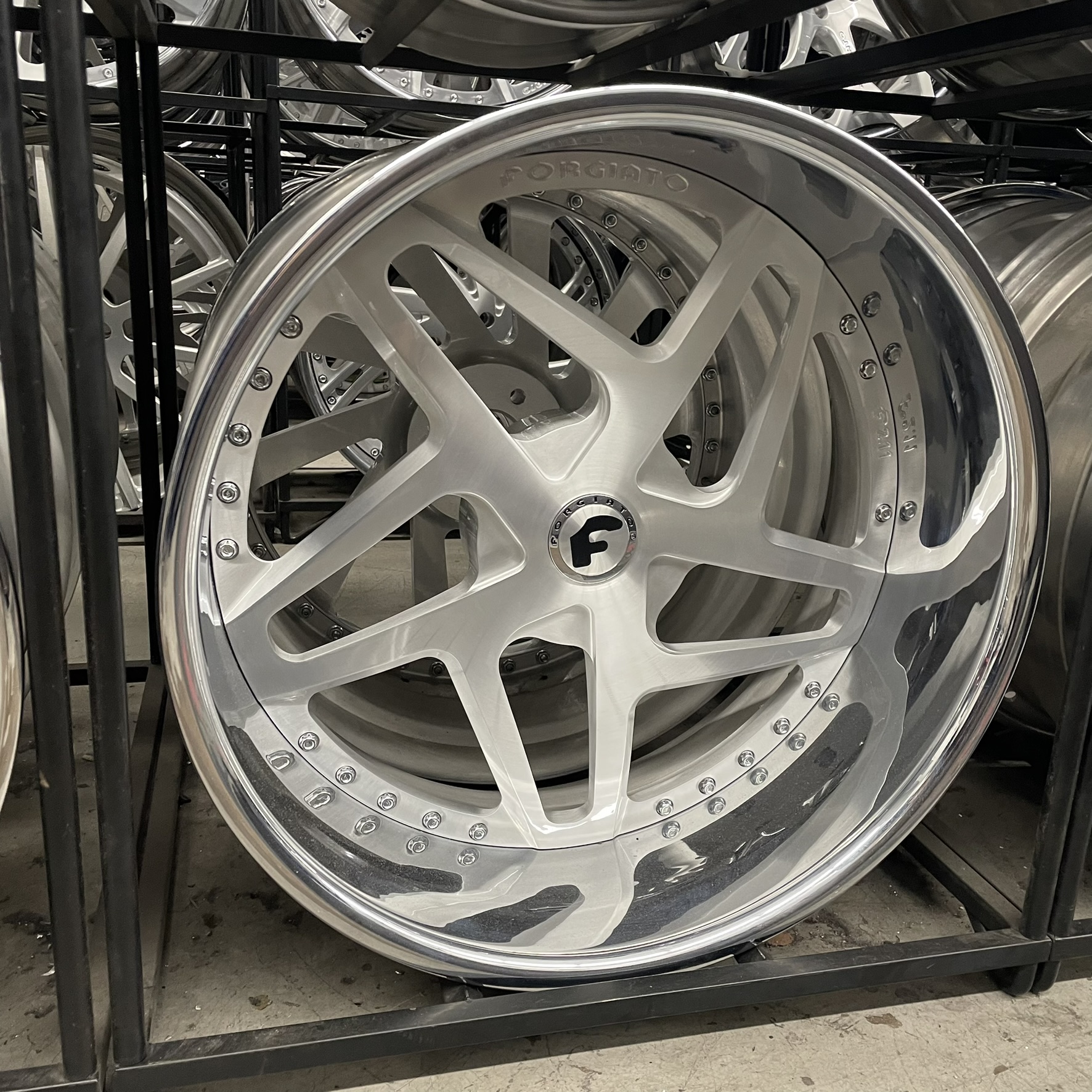 22x9/10 Forgiato Wheels F2.11 Brushed Silver Chrome Lip G body - Old School fitment 5x120/5x4.75/5x5/5x127 - 4 Wheels and Tires Package