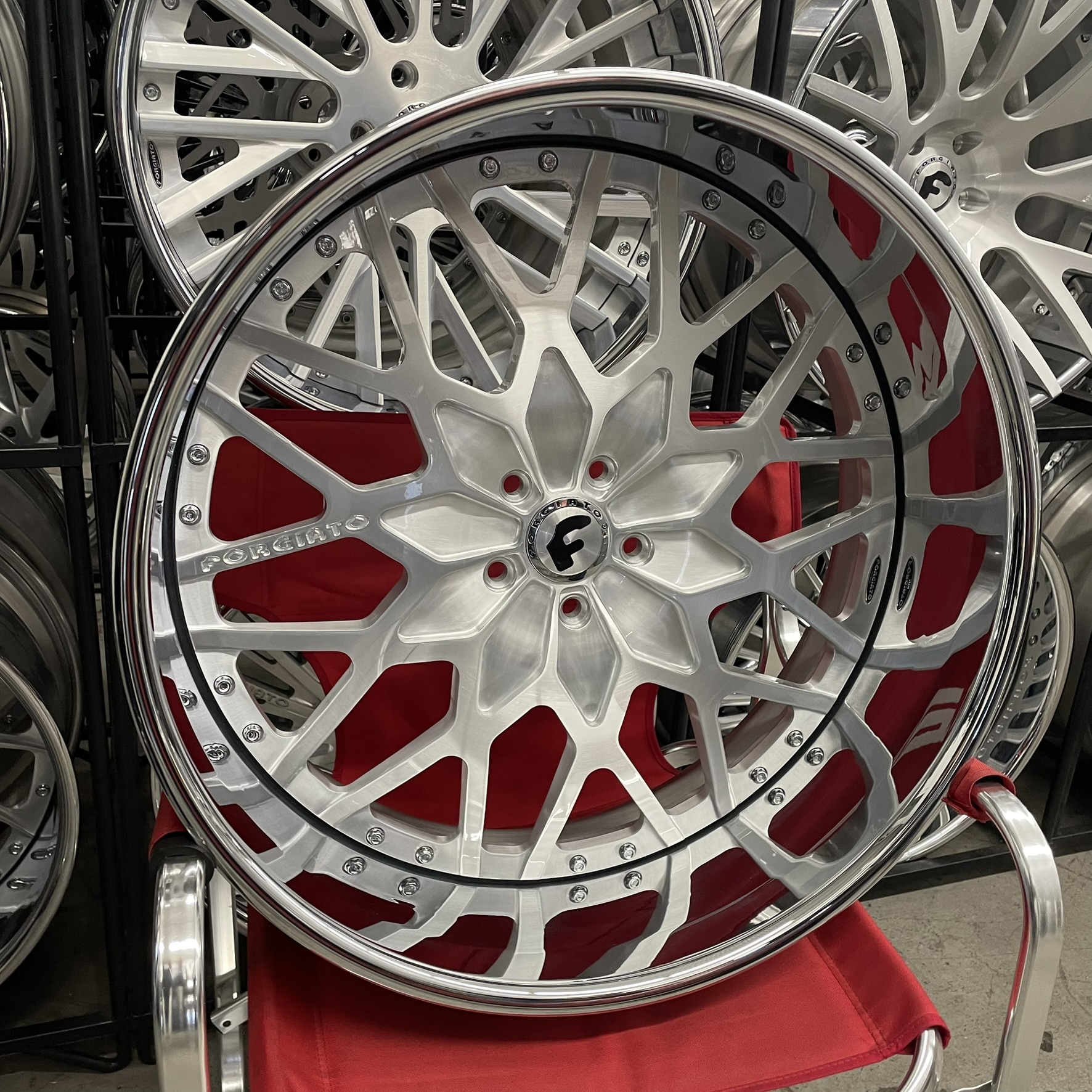 24x9/10 Staggered Forgiato Wheels Pasticcio  Gloss Black Chrome Lip  G body - Old School fitment 5x120/5x4.75/5x5/5x127 - 4 Wheels and Tires Package
