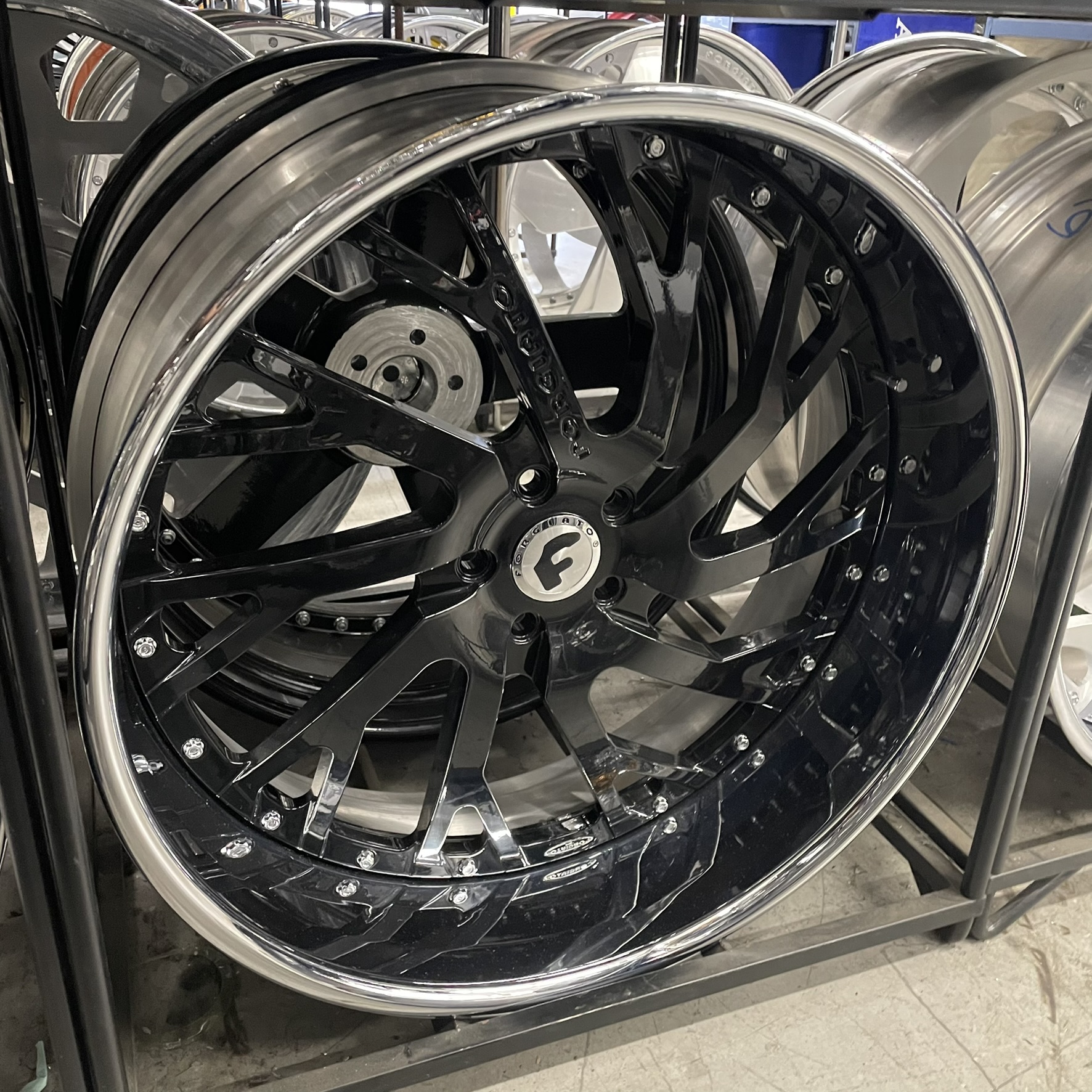 24x9/10 Staggered Forgiato Wheels Fossette Brushed Silver Chrome Lip G body - Old School fitment 5x120/5x4.75/5x5/5x127 - 4 Wheels and Tires Package