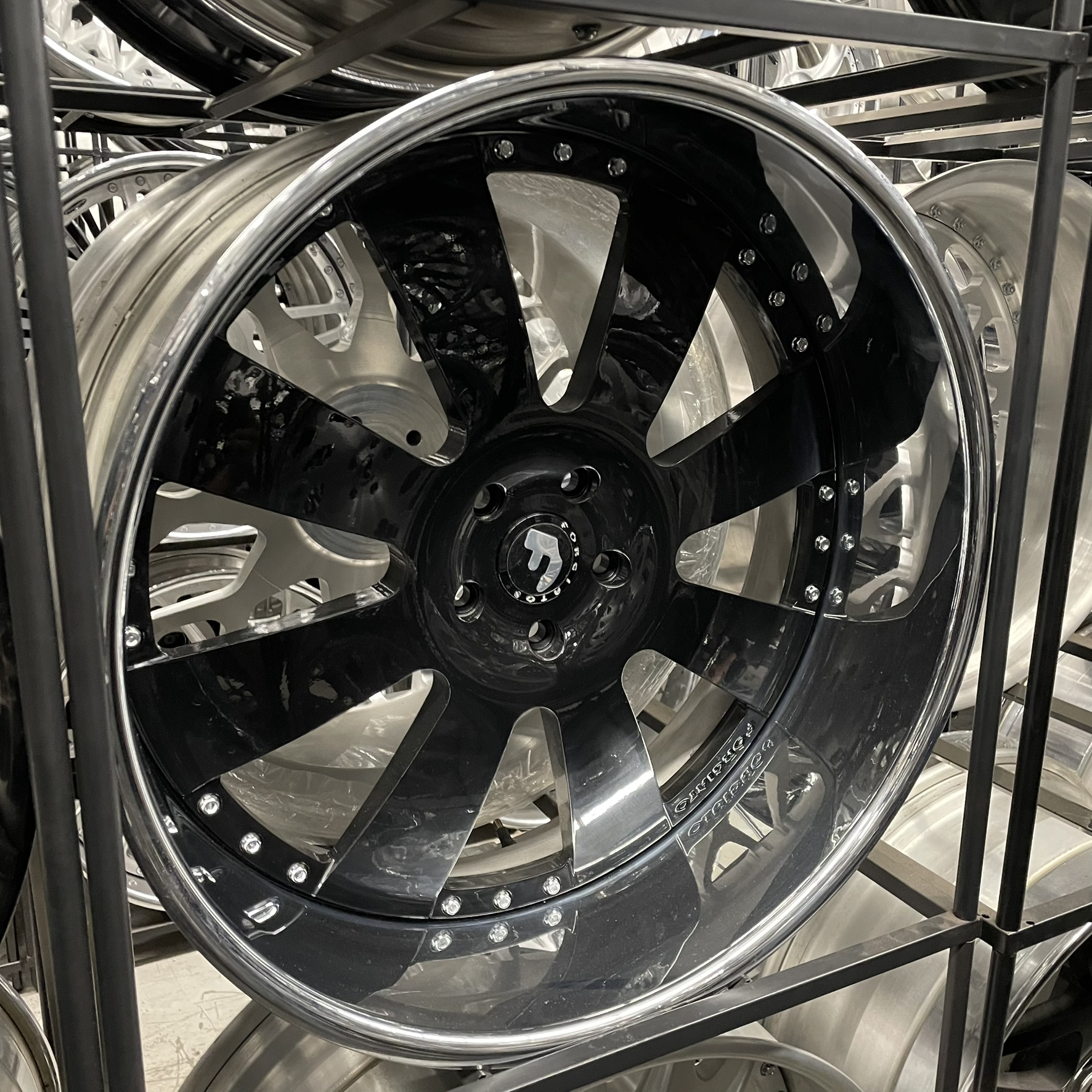 24x9/10 Staggered Forgiato Wheels Cravatta Gloss Black Chrome Lip G body - Old School fitment 5x120/5x4.75/5x5/5x127 - 4 Wheels and Tires Package
